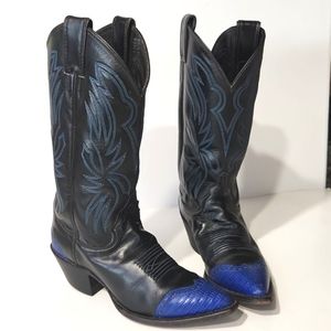 VTG Justin Western Cowboy Boots Blue Snakeskin Black Tooled Leather Women's 6B